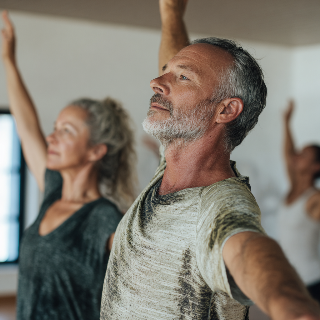 Middle-aged adults practicing gentle movement exercises in natural light studio