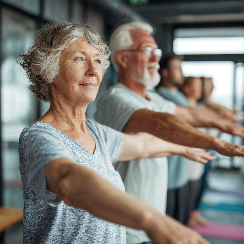 Older adults practicing stability exercises with calm focus in wellness center